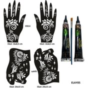 Resim Airbrush Tattoo Çiçekli Modeller El + Ayak Kına Kalıpları + Tüp Kına 2'li+ Fırça 