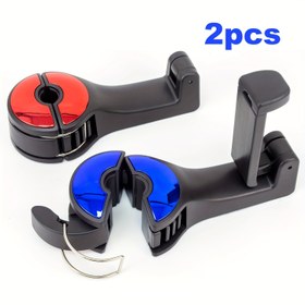 Resim 2'li/4'lü Set 2'si 1 Arada Araba Başlığı Gizli Askı ve Cep Telefonu Tutucu, Çantalar için Evrensel 360° Dönebilir Ayarlanabilir Arkaplan Kancası - Kırmızı&Mavi&Altın&Gümüş 