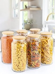 Resim Zone - 6'lı Cam Saklama Kabı 1300ml Vakumlu Bambu Kapaklı 