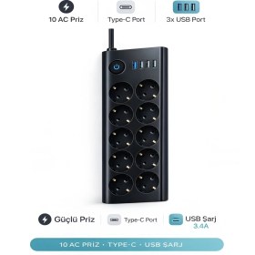 Resim ÇELİKWORK 10'lu Priz, 3 x Usb, 3.4 Amper, 1 x Type-C Girişli 16A Akım Korumalı Uzatma Kablolu Priz Çoklayıcı 