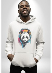 Resim Kulaklık Ayı Panda Kadın Erkek Beyaz Kapüşonlu Sweatshirt Hoodie Beyaz 