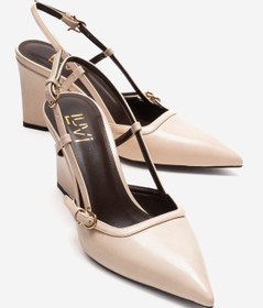 Resim LuviShoes CELIA Ekru Cilt Sivri Burunlu Kadın Dolgu Topuklu Ayakkabı 