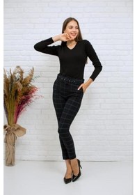 Resim Bluence Beli Kemerli Siyah Kareli Dar Paça Pantolon Çok Renkli Siyah 