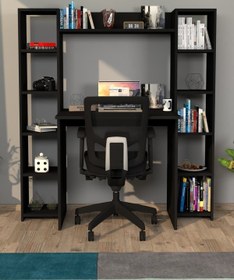 Resim Moonlife Modern Kitaplıklı Çalışma Masası, Bilgisayar Masası Siyah 