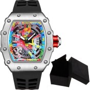 Resim Hanyang QT336-7 Kutu ile Modern Tasarım Erkekler Izle Spor Aydınlık Su Geçirmez Askeri Otomatik Elmas Izle Adam Erkekler Için Silikon Kayış Tonneau Dial (Yurt Dışından) 