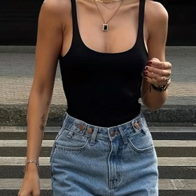 Resim Kadınların şık sırtı açık askısız bodysu - Kolsuz H-Fit normal uzunluk düz renk üst, bahar/yaz için, günlük sokak giyimi, sırtı açık tasarım, dolgusuz 