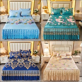 Resim 3 adet Lüks Avrupa Tarzı Yatak Örtüsü Seti - Serinleten Polyester Mat, Kaymaz, Katlanabilir, Makinede Yıkanabilir - Yatak Odası, Otel ve Yurt Dekoru için Mükemmel, Alerji Olmayan, Yıpranma Dirençli, Küçülme Dirençli, Otel Yatak Örtüsü | Çiçek Desenli Tasarım | Dantel Örtüsü, Yatak Örtüsü Dekoru 