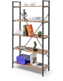 Resim Gaga Mobilya 5 Raflı Geniş Metal Kitaplık Masif Kitaplık Doğal Ahşap Kitaplık Ürün Rafı -180cm 