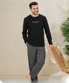 Resim Pijamoni Erkek Pamuklu Bisiklet Yaka Uzun Kol İnce Pijama Takımı 6150/20 - 1 Adet Siyah 