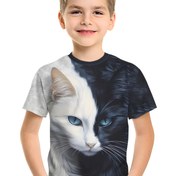 Resim 1 adet Erkek Çocuk Rahat Yuvarlak Yaka Tişört, Hafif Esnek Polyester Örme Kumaş, Yazlık Kısa Kollu Kedi Baskılı Üst - Normal Kalıp 