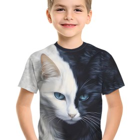 Resim 1 adet Erkek Çocuk Rahat Yuvarlak Yaka Tişört, Hafif Esnek Polyester Örme Kumaş, Yazlık Kısa Kollu Kedi Baskılı Üst - Normal Kalıp 
