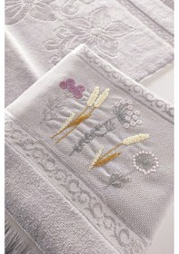 Resim 2'li Nakışlı Jakarlı Kadife El Yüz Havlusu - %100 Pamuk - Gri Grı Gri 