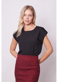 Resim Jument Kadın Kaliteli Likrasız Span Kumaş Geniş Sıfır Yaka Duble Kollu Apoletli Düğmeli T-shirt Bluz-siyah Siyah 