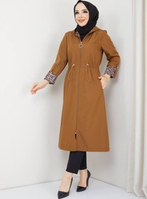 Resim RACE FASHİON Leopar Desenli Bondit Kumaş Beli Lastikli Kapüşonlu Tesettür Trençkot RC1205010 