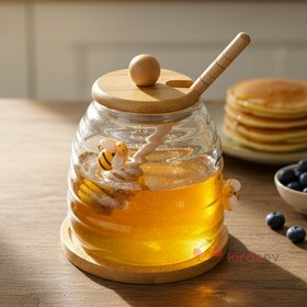Resim Arı Figürlü Cam Bal Kavanozu - Kaşıklı Dekoratif Bal Kavanozu 350 ml 