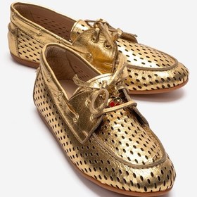 Resim Luvishoes Stevo Altın Hakiki Deri Delikli Bağcıklı Kadın Loafer Ayakkabı 