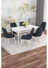 Resim Mona Beyaz 80x132 Açılabilir Mdf Masa Yemek Odası Takımı, Mutfak Takımı 6 Adet Sandalye Beyaz Masa - 6 Antrasit - Beyaz Ayak 