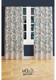 Resim Mavi Çiçek Desenli Süet Oturma Odası Salon Fon Perde Baskılı Ekstrafor Büzgü 2 Kanat Prd-1055 Çok Renkli 