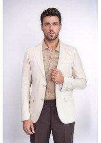 Resim Bej Balıksırtı Desenli Gold Renk Metal Düğmeli Slim Fit Erkek Blazer Ceket - Wessi Cream 