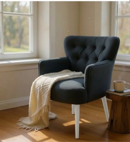 Resim Waterybrook Tekli Berjer Koltuk - Kapitoneli Babyface Kumaş - Beyaz Ahşap Ayaklı - Retro Modern Tasarım Antrasit 