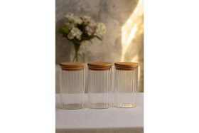 Resim Hava Geçirmez 3'lü Çizgili Cam Kahvaltılık Vakum Kapaklı Kavanoz Seti - 850 ml 