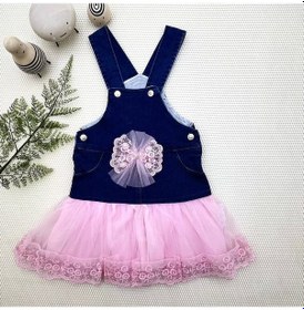 Resim 2-3-4 Yaş Fiyonklu Düğme Detaylı Tül Etek Kot Kumaş Salopet Kız Çocuk Elbisesi Lacivert-pembe Lacivert-pembe 