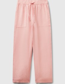 Resim United Colors of Benetton Kadın Pembe %100 Keten Büzgü İpli Cepli Sigaret Pantolon 
