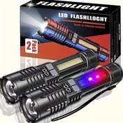 Resim 1/2 Paket Çok Fonksiyonlu Süper Parlak LED El Feneri, Pil Göstergeli, USB Şarjlı, Teleskopik Yakınlaştırılabilir COB Yan Işık ve Kırmızı-Mavi Patlama Flaşı ile Yürüyüş, Acil Onarım, Balıkçılık, Gece Aydınlatması için Uygun 