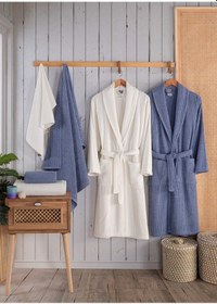 Resim Newhome Alfa 6 Parça Kutulu %100 Pamuk Lüx Aile Bornoz Seti Mavi-krem Karışık 