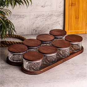 Resim Snippy Milla 10 Parça Tepsili Ahşap Vakumlu Kapaklı Cam Kahvaltılık Çok Amaçlı Cam Çerezlik 230ML 