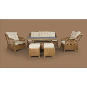 Resim Metal Gövdeli 3+1+1+2puf+masa Rattan Bahçe Balkon Mobilyası, 7 Kişilik Bahçe Takımı Cevizkrem Ceviz - Krem 