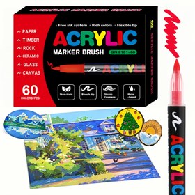 Resim 60 Renkli Akrilik Kalem, Yumuşak Fırça Uçlu Suluboya Kalemi – Taş, Cam, Ahşap, Seramik ve Kumaş İçin İdeal Hediye Seçeneği: Sevgililer Günü, Paskalya, Şükran Günü ve Noel İçin Mükemmel 