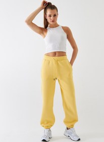 Resim Oversize Unisex Eşofman Altı Sarı - 3 İplik Şardonlu, Paça-Bel Lastikli, Cepli, Modern Rahat Kesim - XS / SARI 