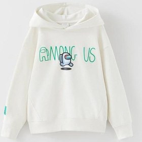 Resim Erkek Çocuk Among Us Baskılı Kapşonlu Pamuk Sweat Ekru 