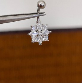 Resim 316 L Cerrahi Çelik Anti Alerjik 10 Mm Baget Taşlı Çiçek Model Göbek Piercingi Gümüş 