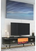 Resim Maya Şömineli Tv Sehpası Siyah Gümüş Şeritli Mebran Kapaklı Oval Tasarım 180x40x50 Cm 