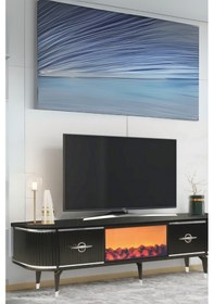 Resim Maya Şömineli Tv Sehpası Siyah Gümüş Şeritli Mebran Kapaklı Oval Tasarım 180x40x50 Cm 