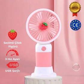 Resim CoverZone Standlı Şarjlı El Fanı - 3 Kademe Hız Ayarı, Seyahat ve Masaüstü Vantilatör, Pembe Çilek Mini Fan 