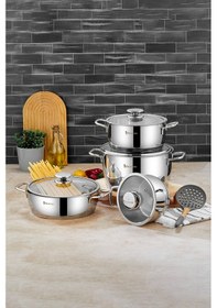 Resim Polochef Vistal 18/10 Paslanmaz Çelik 8 Parça Derin Ve Pilav Tencere Seti 16-20-24 Cm-24cm Gümüş 