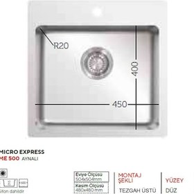 Resim Ukinox ME 500 Paslanmaz Çelik Tezgah Üstü Evye 50 x 50 CM 