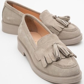 Resim Milina Bej Süet Püsküllü Hakiki Deri Kadın Loafer Ayakkabı Bej Süet 
