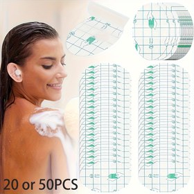 Resim 20 veya 50 Adet Tek Kullanımlık Şeffaf Su Geçirmez Kulak Stickerları - Yüzme, Sörf Yapma ve Banyo İçin Çok Boyutlu Açık Renkli Kulak Koruma - Su Aktiviteleri Sırasında Kulakları Kuru Tutun, Yüzme Gereçleri, Izgara Desen Tasarımı, Kolay Uygulama, Cilde Uygun Malzeme, Sörf Aksesuarları, Rahat Oturma, Fitness Meraklıları 