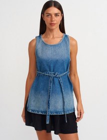 Resim Dilvin İnce Kemerli Denim Bluz Mavi 