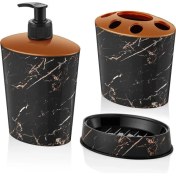 Resim abnturk Siyah Mermer Desen 3 Parça Banyo Lavabo Seti Diş Fırçalık Sıvı+Katı Sabunluk Kırılmaz Özel Plastik 