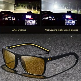 Resim Vintage Kare Sarı Gece Görüşü Gözlükleri - Unisex Lüks Tasarımcı Moda Gözlükleri, Anti-Parlama Camları ile Sürüş, Balıkçılık ve Seyahat için Mükemmel, PC Çerçeve ve Cam, Erkek ve Kadınlar için Klasik Stil 