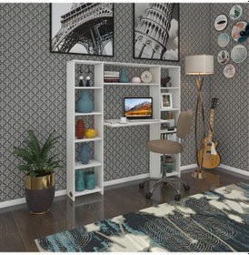 Resim Kenzlife Bilgisayar Çalışma Masası Senna Byz 140 130 20 Kitaplıklı Ofis Sekreter Laptop 