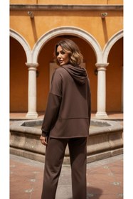 Resim Moda Banuş Kapüşonlu Modal Kumaş Boru Paça Kahverengi Oversize Eşofman Takımı 