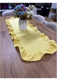 Resim Vintage Duck Keten Sarı Çiçekli Fırfırlı Oval Runner 35 X 65 Cm Sarı 