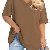Resim Kadın Büyük Beden Rahat V Yaka Tişört, Polyester %95.0 Spandeks %5.0, Düz Renkli Örme Kumaş, Retro Tatil Stili Kısa Kollu Tişört İlkbahar/Yaz İçin, Bayan Tişörtler 