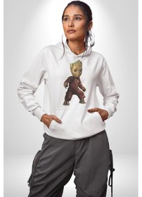 Resim Bebek Groot Guardians Galaxy Kadın Erkek Beyaz Kapüşonlu Sweatshirt Hoodie Beyaz 